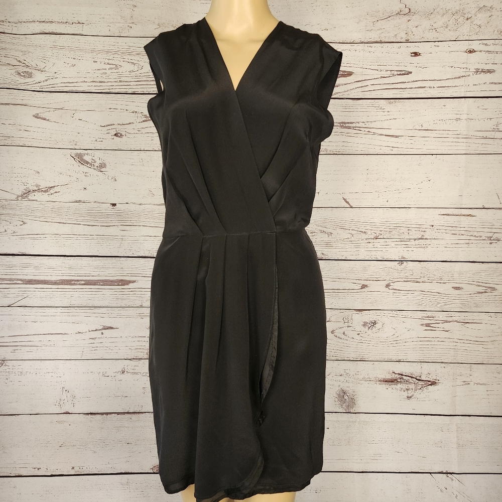 Aaron Ashe Black 100% Silk Surplice V-Neck Sleeveless Tunic Mini Dress Small